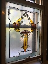 Antique English Art Nouveau Hand Painted Stained Glass Privacy Window Transom