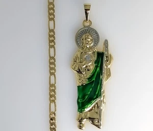X-Large Gold Plated Saint Jude Pendant 5mm Chain Necklace Oro San Judas Cadena - Picture 1 of 4