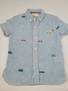 Boys Mini Boden Cars Button Down Short Sleeve Shirt size 6-7 blue stripe linen - Picture 1 of 3