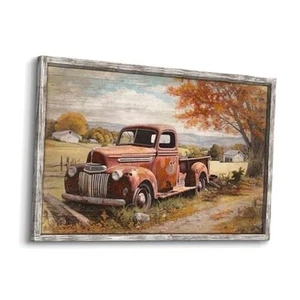Red Truck Wood Wall Art: Framed Rustic Car Picture Large Print Farmhouse - Picture 1 of 7