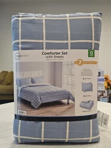 Mainstays Blue Check Reversible 7-piece Bed In A Bag Comforter With Sheets Queen - Picture 1 of 7
