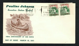 Canada #392, 1961 5¢ Pauline Johnson pair, unknown cachet FDC good slogan cancel - Picture 1 of 1