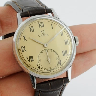 AUTHENTIC VINTAGE OMEGA MANUAL WIND ROMAN DIAL STEEL GENTS WATCH FROM 1940' - Image 1 of 4