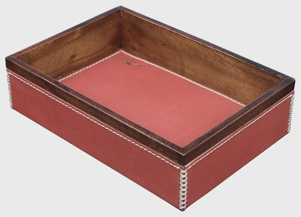 Desktop Red Valet Tray Mahogany Wood & Leather 7.75" Office Desk Organizer New - Image 1 of 1