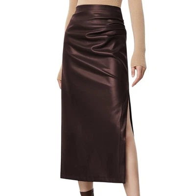 Commense Faux Leather Ruched High Waist Midi Skirt – Brown/Burgundy – Size XL - Image 1 of 4