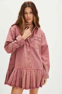 Free People Connor Mini Dress Long Sleeve Dropped Pleated Nostalgia Rose NWT XS - Picture 1 of 4