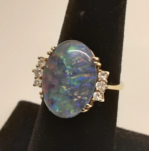 Vintage 10K Yellow Gold Oval Opal Triplet Ring with Diamonds, Size 6.75, 5g  - Picture 1 of 8
