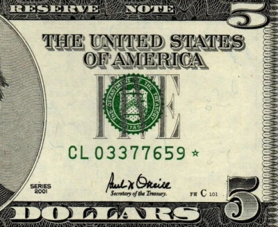 2001 $5 Five Dollar GEM UNCIRCULATED  SAN FRANCISCO DISTRICT STAR NOTE $5 - Image 1 of 4