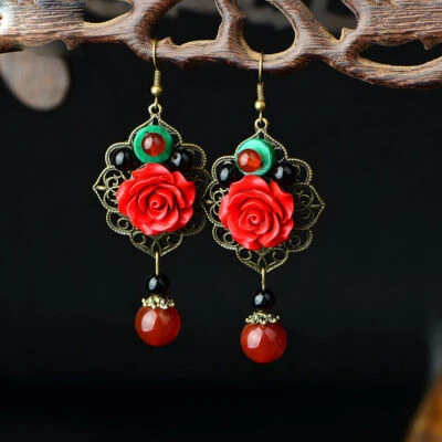 Jade Flower Earrings Beaded Chinese Jewelry Tibetan Silver Natural Women - Image 1 of 4