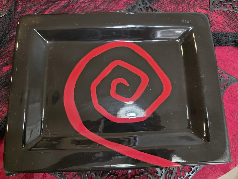Urban Graffiti Spiral Platter 13x10 Tabletop Black And Red Hand Made And Painted - Image 1 of 4