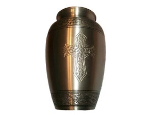 Urna funeraria de cremación para adultos para cenizas humanas, cruz grabada en estaño (B34) - Imagen 1 de 9