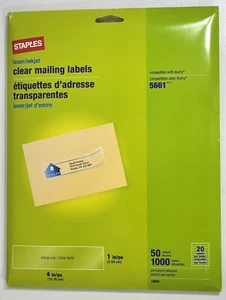 Staples Laser/Inkjet Address Labels 1" x 4" White 20 Labels/Sheet 1000 Labels - Picture 1 of 2