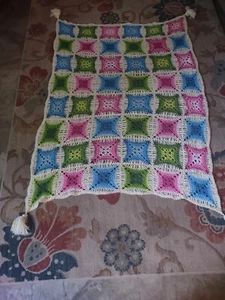 Vintage Handmade Crochet Cathedral Window Afghan Throw Blue,Green, Pink 60x40 - Picture 1 of 9