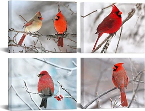- 4 Piece Modern Canvas Painting Wall Art Birds Red Cardinal on Snowy Branch Pic - Picture 1 of 7