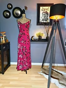 90s Monsoon Pink Bias Cut Velvet Rose Patterned Bias Slip Dress SMALL UK 14/16 - Picture 1 of 11