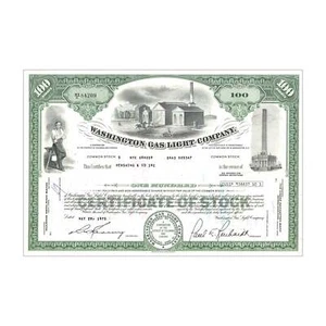 Washington Gaslight Co. Stock Certificate // 100 Shares // Green // 1960s-70s - Picture 1 of 2
