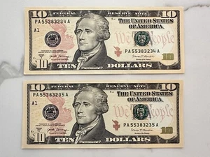 Lot Of 2 Series 2017A $10 Dollar Bills Federal Reserve Note Consecutive - Picture 1 of 2