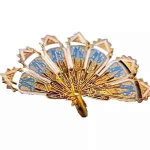 Vintage Brooch Spanish Damascene Blue Enamel and Gold Plated Articulated Fan - Picture 1 of 5