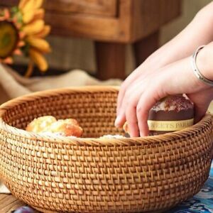 Hand Woven Round Rattan Fruit Basket Wicker Food Tray Woven Storage Rack Vegetab