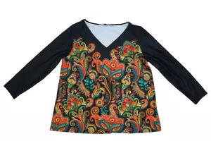 Sakurafina Black & Orange Floral Long Sleeve V-Neck Paisley Blouse Womens XL - Picture 1 of 10