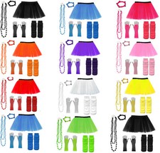 NEON 80s FANCY DRESS HEN PARTY COSTUMES SET TUTU SKIRT LEG WARMER GLOVES BEADS