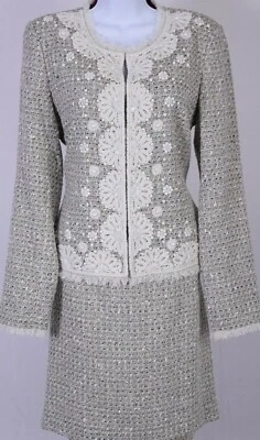 Traje de mujer ST.JOHN gris plata bordado cuentas brillantes chaqueta y falda talla 6 Foto 1 de 4