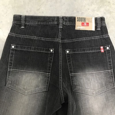 Jeans Southpole Y2K Vintage Perna Larga Baggy Aba Vermelha Masculino Tamanho 32 Preto Desbotado Cinza - Imagem 1 de 4