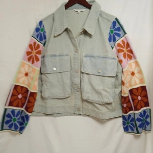 Davi & Dani L Denim Jacket Crochet Floral Patchwork Sleeves Boho Festival Retro - Picture 1 of 13
