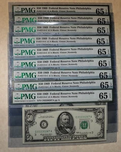 Fr. 2114-C $50 1969 Federal Reserve Note Philadelphia Gem 65 EPQ 9 Consec PMG - Picture 1 of 3