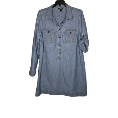 J Crew Shirt Dress Womens Large Blue Chambray Denim Tunic Roll Tab Sleeve - Image 1 of 4