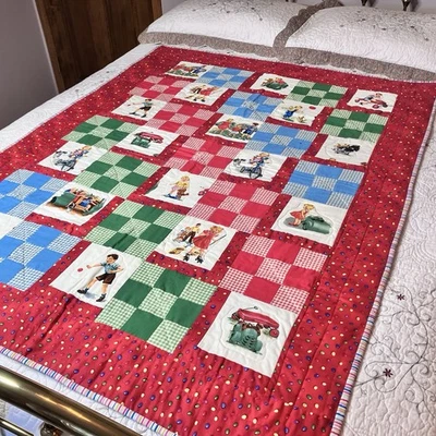 Handmade Baby or Child's Quilt Dick and Jane Colorful Nine Square 59x45" - Image 1 of 4