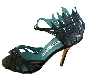 MANOLO BLAHNIK Sandals Size 36 Strappy Peep Toe Heel Black Leather NEW W/O Box - Picture 1 of 8