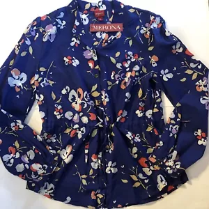 Merona S Long Sleeve Blue Floral Tie Waist Blouse Top Coral Purple Spring New - Picture 1 of 8