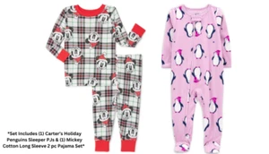 Carters Girls Lot 2 Pink Penguin Romper/ Mickey Mouse 2Pc Pajama Set SZ 4T - Picture 1 of 7