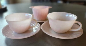 1950's Fire King Pink Swirl 2 Teacups, 3 Saucers, 1 Sugar No Lid - Picture 1 of 10
