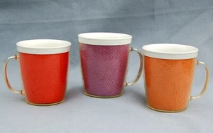 SET of  3 ~ Burlap Lined Insulated Mugs ~ Orange Purple Yellow ~ Jewel Tones - Picture 1 of 5