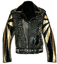 New Mens Electric Eye Punk Golden Full Spiked Studded Brando Leather Jacket