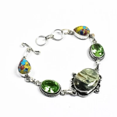 Labradorite & Peridot & Turquoise 925 Silver Jewelry Bracelet 7-8" A-1 Q254 - Image 1 of 4