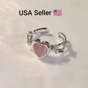 New Adjustable Heart Opening Ring Cat Eye Women Rings Fashion Jewelry Pink Love - Picture 1 of 8