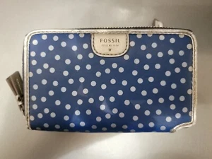 New W TagsFossil cute polka dot blue squared leather pouch wallet MSRP 45 USD - Picture 1 of 3
