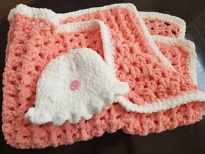 Handmade Crochet Baby Blanket (41x28) and Beanie Set - Picture 1 of 5