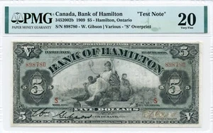 1909 $5 Bank of Hamilton, TEST NOTE, "S' Overprint - Very Fine, PMG VF 20 - Picture 1 of 2