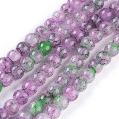 50 Crackle Glass Beads 8mm Purple Green Veined Bulk Jewelry Supply Mix Unique - Image 1 of 2
