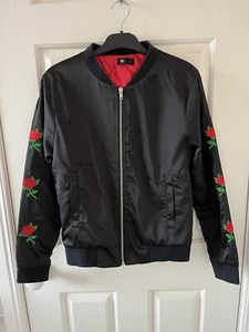 Thrills Black Bomber Jacket With Red Roses Size 6-8 - Picture 1 of 6