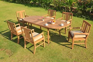 7 PC OUTDOOR DINING TEAK SET - 94" DOUBLE EXTENSION OVAL TABLE, 6 ARM CHAIRS OSB - Picture 1 of 5