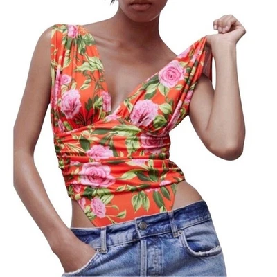 Zara Draped Floral Bodysuit Ruched V Neck Bodysuit Size Small - Image 1 of 4