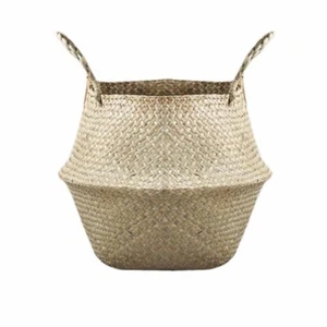 12x16x15cm Basket Rattan Folding Wicker Handle Round Natural Grass Plant Storage - Picture 1 of 8