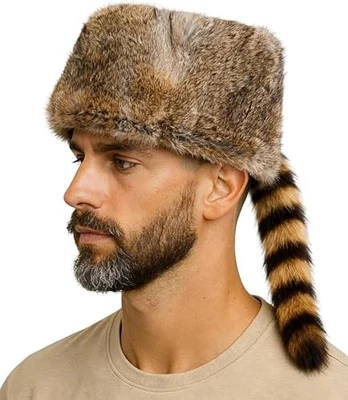 Real Raccoon Hat with Tail for Men Women Rabbit Fur Davey Crockett Brown - Image 1 of 4