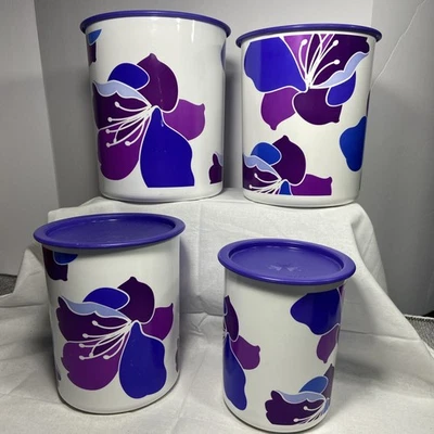 4 Tupperware Purple Blue Spring Blossom One Touch Canisters A-D W/ Lids - Image 1 of 4