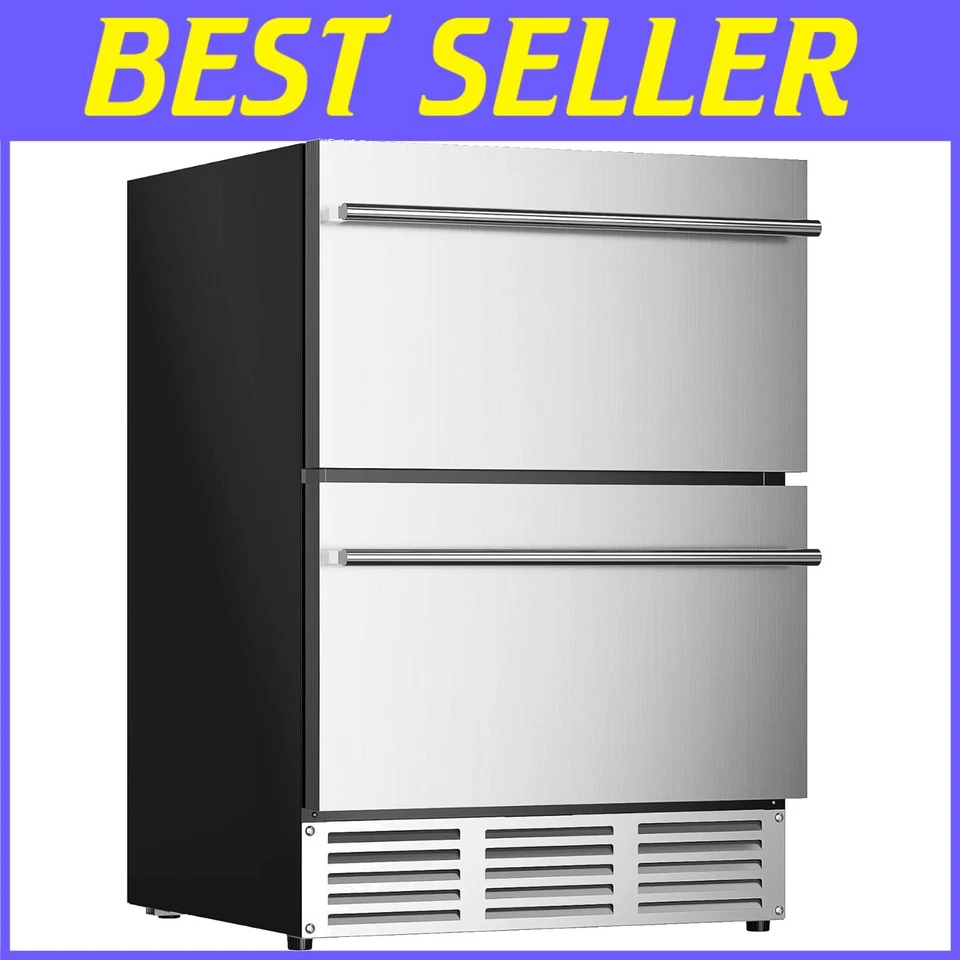 24-Inch Stainless Steel Outdoor Beverage Fridge with Double Drawers & LED Light - Image 1 of 4